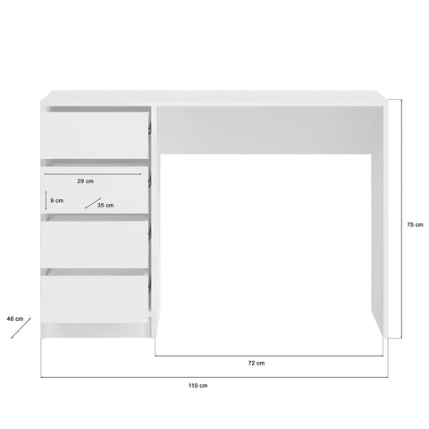 Rootz Emma Dressing Table Desk - Cosmetic Table - White Vanity - 110cm x 75cm x 48cm - 4 Drawers - Timeless Design - Sustainable FSC Certified Wood