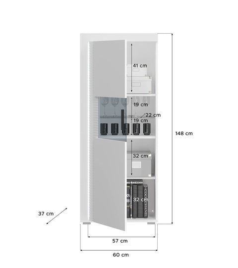 Rootz Skylight Showcase - Wooden Display Cabinet - White High-Gloss Front - Pasol Gray Glass - 60cm x 148cm x 37cm