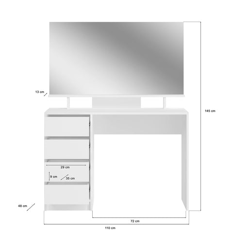 Rootz Emma Dressing Table Desk - White Dressing Table - Cosmetic Table - Storage Space - 110cm x 75cm x 48cm