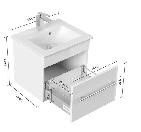 Rootz Wash Stands & Vanity Units - Washbasin - Ceramic Washbasin - Drawer Unit - Soft-close Drawers - Bathroom Furniture - Light Oak- 50 x 42 x 43.5 cm