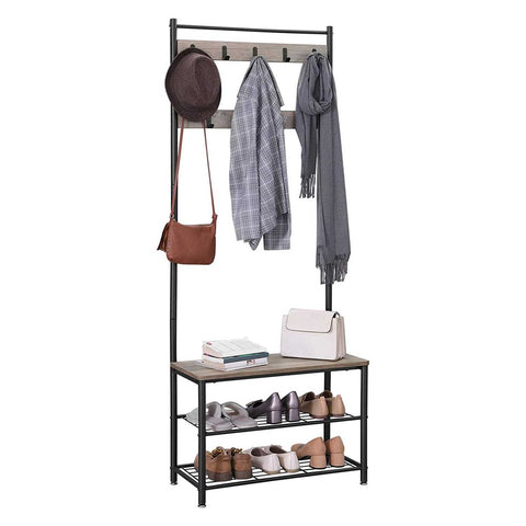 Rootz Coat Stand - With 3 Shelves And Seat - Wall-mounted Coat Rack - Hanging Coat Hooks - Decorative Wall Hooks - Entryway Storage Solution - Elegant Coat Stand - Chipboard - Steel - Greige Black - 70 x 32 x 175 cm (L x W x H)