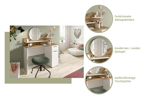 Rootz Vanity Dressing Table Dressing Table Cosmetic Table - Oak Nb - White Nb - 1 Drawer - 1 Door - 2 Shelves - Modular Design - FSC Certified - 110cm x 135cm x 46cm