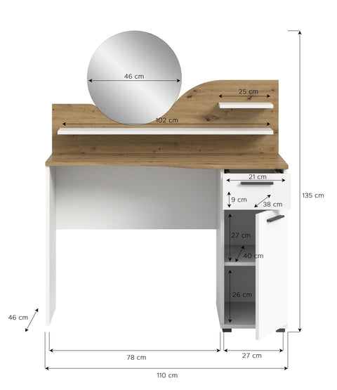 Rootz Vanity Dressing Table Dressing Table Cosmetic Table - Oak Nb - White Nb - 1 Drawer - 1 Door - 2 Shelves - Modular Design - FSC Certified - 110cm x 135cm x 46cm