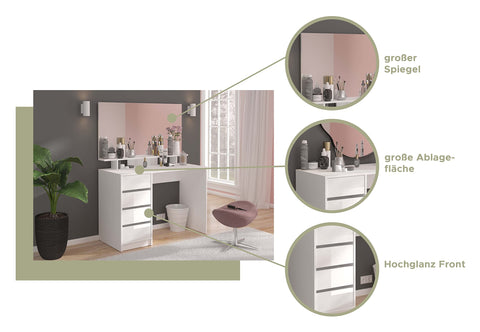 Rootz Emma Dressing Table Desk - Cosmetic Table - White Vanity - 110cm x 75cm x 48cm - 4 Drawers - Timeless Design - Sustainable FSC Certified Wood