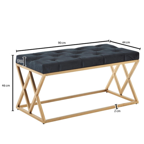Rootz Modern Upholstered Bench - Stylish Bench - Chesterfield Pattern - Gold Frame - Handmade - Velvet Seat - 90cm x 46cm x 44cm