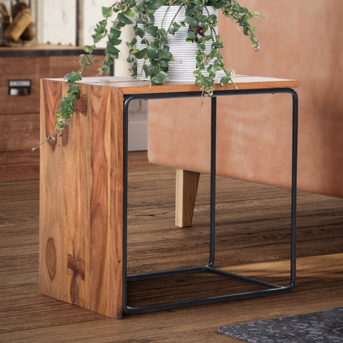 Rootz Side Table - Solid Wood & Metal End Table - Industrial Style Accent Table - Handcrafted, Durable, Protective Clear Varnish - 45cm x 30cm x 45cm