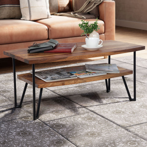 Rootz Modern Industrial Coffee Table - Rectangular Table - Storage Space - Handcrafted - Sheesham Wood - 90cm x 50cm x 40cm