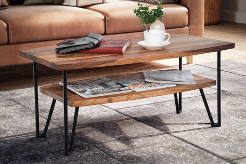 Rootz Modern Industrial Coffee Table - Rectangular Table - Storage Space - Handcrafted - Sheesham Wood - 90cm x 50cm x 40cm