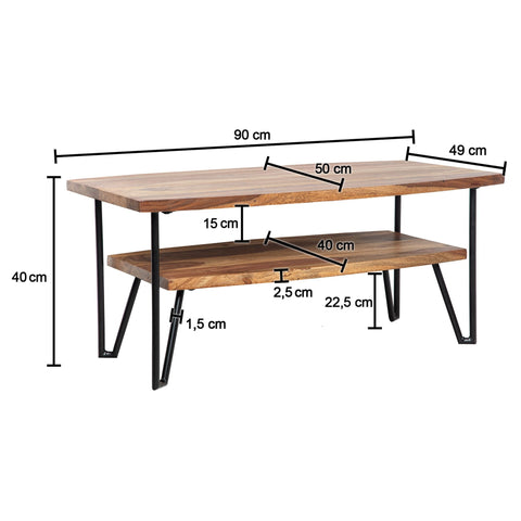 Rootz Modern Industrial Coffee Table - Rectangular Table - Storage Space - Handcrafted - Sheesham Wood - 90cm x 50cm x 40cm