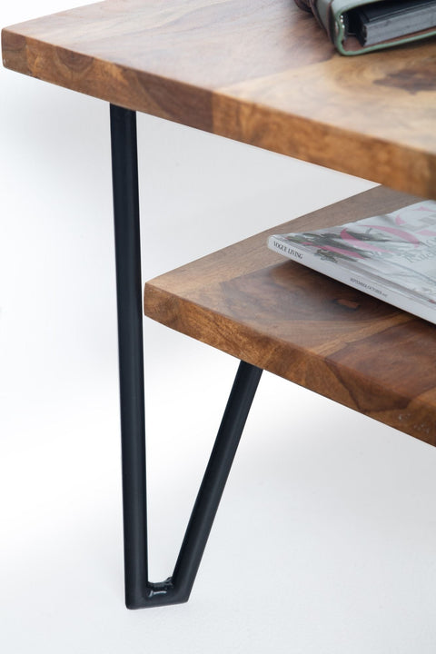 Rootz Modern Industrial Coffee Table - Rectangular Table - Storage Space - Handcrafted - Sheesham Wood - 90cm x 50cm x 40cm