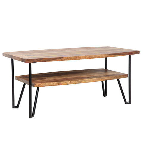 Rootz Modern Industrial Coffee Table - Rectangular Table - Storage Space - Handcrafted - Sheesham Wood - 90cm x 50cm x 40cm
