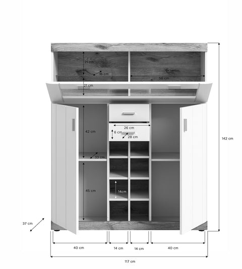 Rootz Bar Cabinet - Liquor Cabinet - Wooden Bar Storage - White Matt - Spacious - 110cm x 40cm x 120cm