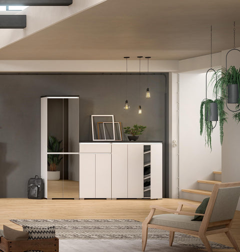 Rootz Shoe Cabinet - Wooden Hallway Cupboard - White - Offset Industrial Gray Nb - Shoe Storage System - 95cm x 109cm x 40cm