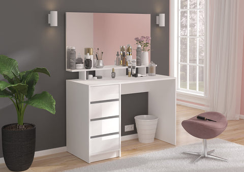 Rootz Emma Dressing Table Desk - Cosmetic Table - White Vanity - 110cm x 75cm x 48cm - 4 Drawers - Timeless Design - Sustainable FSC Certified Wood