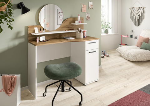 Rootz Vanity Dressing Table Dressing Table Cosmetic Table - Oak Nb - White Nb - 1 Drawer - 1 Door - 2 Shelves - Modular Design - FSC Certified - 110cm x 135cm x 46cm