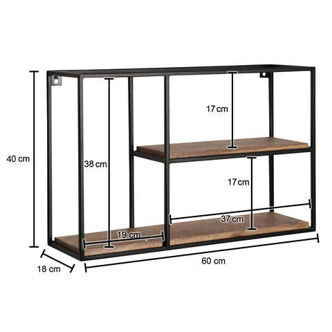 Rootz Modern Industrial Wall Shelf - Solid Wood - Metal - 2 Shelves - Handmade - Unique - 60cm x 40cm x 18cm - Warm Dark Brown - Black Frame