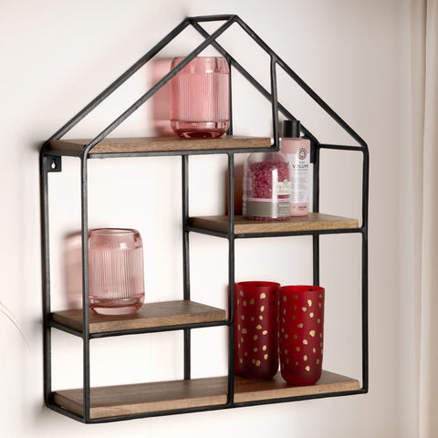 Rootz House Shape Wall Shelf - Modern Wall Decor - Solid Wood - Metal Frame - Four Shelves - Handmade - Unique Design - 50cm x 60cm x 14cm