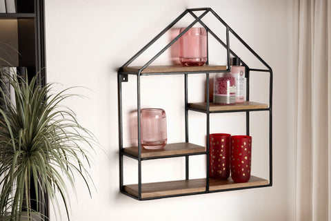 Rootz House Shape Wall Shelf - Modern Wall Decor - Solid Wood - Metal Frame - Four Shelves - Handmade - Unique Design - 50cm x 60cm x 14cm