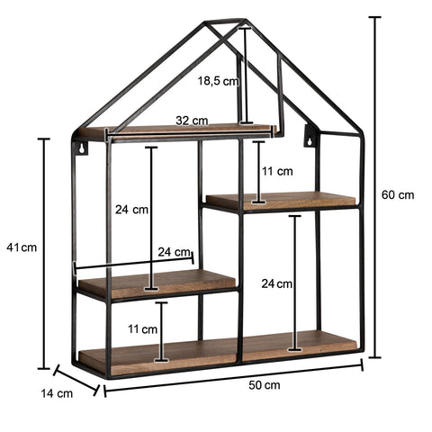 Rootz House Shape Wall Shelf - Modern Wall Decor - Solid Wood - Metal Frame - Four Shelves - Handmade - Unique Design - 50cm x 60cm x 14cm