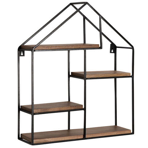 Rootz House Shape Wall Shelf - Modern Wall Decor - Solid Wood - Metal Frame - Four Shelves - Handmade - Unique Design - 50cm x 60cm x 14cm