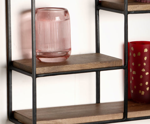 Rootz House Shape Wall Shelf - Modern Wall Decor - Solid Wood - Metal Frame - Four Shelves - Handmade - Unique Design - 50cm x 60cm x 14cm