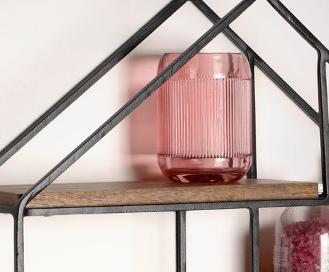 Rootz House Shape Wall Shelf - Modern Wall Decor - Solid Wood - Metal Frame - Four Shelves - Handmade - Unique Design - 50cm x 60cm x 14cm