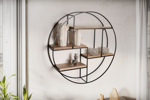 Rootz Modern Industrial Style Wall Shelf - Solid Wood - Metal - Four Shelves - Handmade - Unique Piece - 70cm x 70cm x 18cm - Warm Dark Brown - Black Frame - Mango Wood - Powder-Coated Iron - 5kg Load Capacity