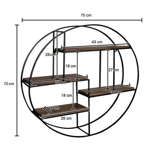 Rootz Modern Industrial Style Wall Shelf - Solid Wood - Metal - Four Shelves - Handmade - Unique Piece - 70cm x 70cm x 18cm - Warm Dark Brown - Black Frame - Mango Wood - Powder-Coated Iron - 5kg Load Capacity