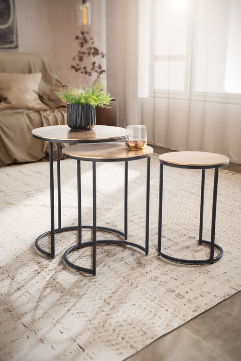 Rootz 3 Piece Set Side Tables - Modern Design - Nesting Tables - Gold and Black - Handcrafted - Space Saving - 45cm x 45cm x 55cm, 38cm x 38cm x 50cm, 30cm x 30cm x 45cm