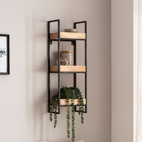 Rootz Modern Industrial Wall Shelf - Floating Shelf - Decorative Shelf - Solid Wood and Metal - Three Storage Areas - Handmade - 27cm x 77cm x 18cm - Light Brown - Black Frame