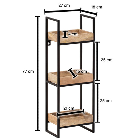 Rootz Modern Industrial Wall Shelf - Floating Shelf - Decorative Shelf - Solid Wood and Metal - Three Storage Areas - Handmade - 27cm x 77cm x 18cm - Light Brown - Black Frame