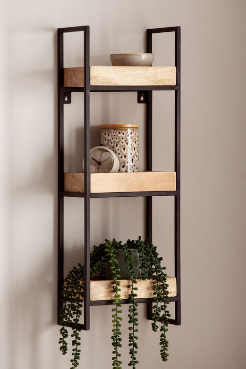 Rootz Modern Industrial Wall Shelf - Floating Shelf - Decorative Shelf - Solid Wood and Metal - Three Storage Areas - Handmade - 27cm x 77cm x 18cm - Light Brown - Black Frame
