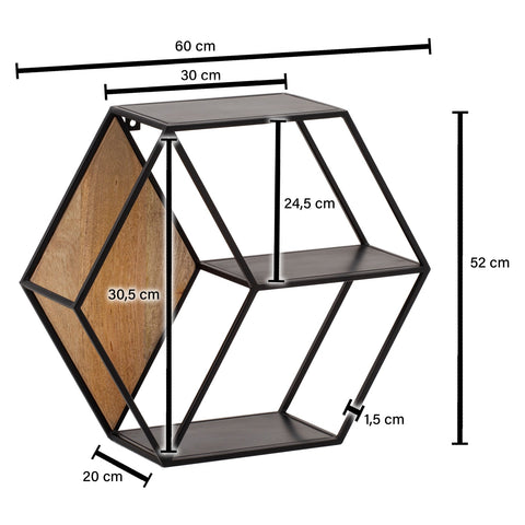 Rootz Hexagonal Wall Shelf - Industrial Style - Solid Wood - Metal - Three Shelves - Handmade - Unique - 60cm x 52cm x 20cm - Mango Wood - Powder-Coated Iron - Wall Mountable - Modern Design - Decorative - Plant Display - Easy to Clean