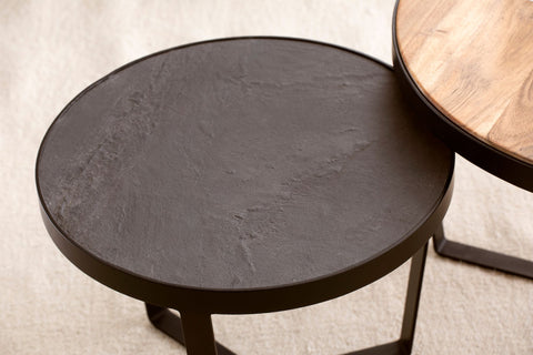 Rootz 2 Piece Set Modern Coffee Tables - Round Tables - Sofa Tables - Natural Wood Grain - Elegant Stone Look - Handmade - Unique Design - Large Table: 60cm x 60cm x 40cm, Small Table: 44cm x 44cm x 35cm