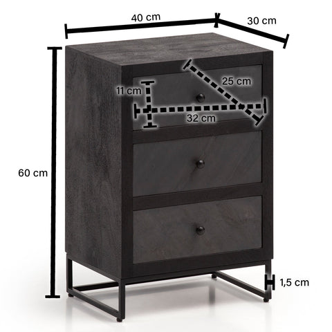 Rootz Modern Bedside Table - Nightstand - 3 Drawer Cabinet - Stone Look - Wood Grain - Handmade - Removable Drawers - Height Adjustable Knobs - Anti-Slip Feet - 40cm x 60cm x 30cm