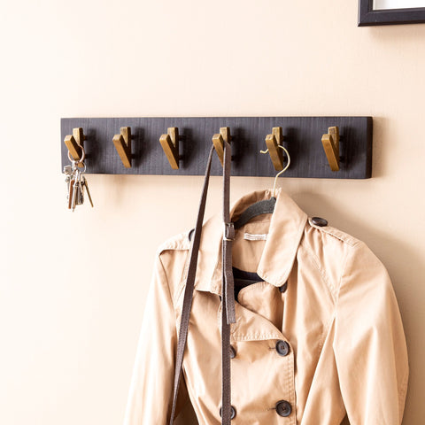 Rootz Modern Design Wall Coat Rack - Coat Hanger - Real Wood - Black and Gold - Handmade - 60cm x 10cm x 8cm