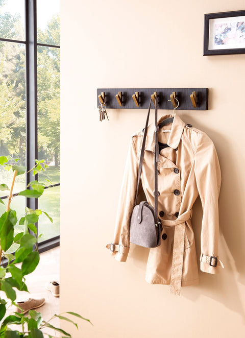 Rootz Modern Design Wall Coat Rack - Coat Hanger - Real Wood - Black and Gold - Handmade - 60cm x 10cm x 8cm