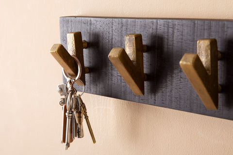 Rootz Modern Design Wall Coat Rack - Coat Hanger - Real Wood - Black and Gold - Handmade - 60cm x 10cm x 8cm