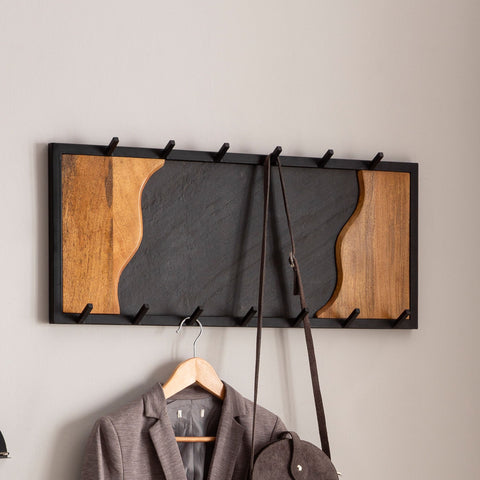 Rootz Modern Design Coat Rack - Wall Mounted Coat Hanger - Robust Hooks - Wood Grain and Stone Look - 80cm x 36cm x 6cm - Handmade - Mango Wood - Black Metal Frame - Unique Design - Easy Assembly