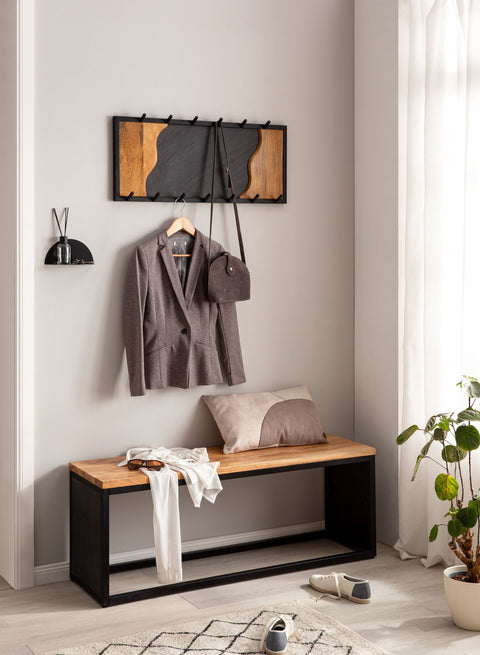 Rootz Modern Design Coat Rack - Wall Mounted Coat Hanger - Robust Hooks - Wood Grain and Stone Look - 80cm x 36cm x 6cm - Handmade - Mango Wood - Black Metal Frame - Unique Design - Easy Assembly