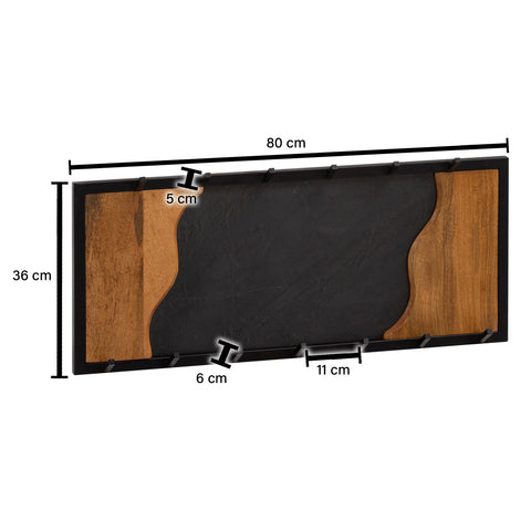 Rootz Modern Design Coat Rack - Wall Mounted Coat Hanger - Robust Hooks - Wood Grain and Stone Look - 80cm x 36cm x 6cm - Handmade - Mango Wood - Black Metal Frame - Unique Design - Easy Assembly