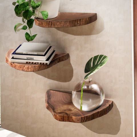 Rootz Natural Edge Wall Shelves Set - Floating Shelves - Solid Acacia Wood - Handmade - Unique Design - Three Storage Areas - Warm Light Brown - 49.5cm x 4.5cm x 26cm / 48cm x 4.5cm x 25.5cm / 44cm x 4.5cm x 21cm