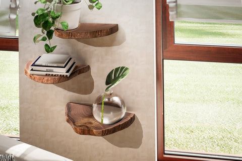 Rootz Natural Edge Wall Shelves Set - Floating Shelves - Solid Acacia Wood - Handmade - Unique Design - Three Storage Areas - Warm Light Brown - 49.5cm x 4.5cm x 26cm / 48cm x 4.5cm x 25.5cm / 44cm x 4.5cm x 21cm