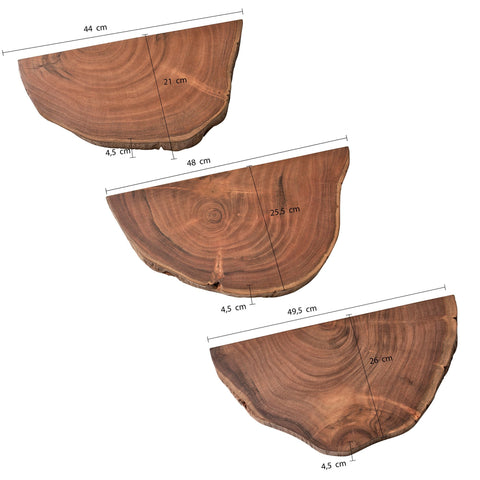 Rootz Natural Edge Wall Shelves Set - Floating Shelves - Solid Acacia Wood - Handmade - Unique Design - Three Storage Areas - Warm Light Brown - 49.5cm x 4.5cm x 26cm / 48cm x 4.5cm x 25.5cm / 44cm x 4.5cm x 21cm