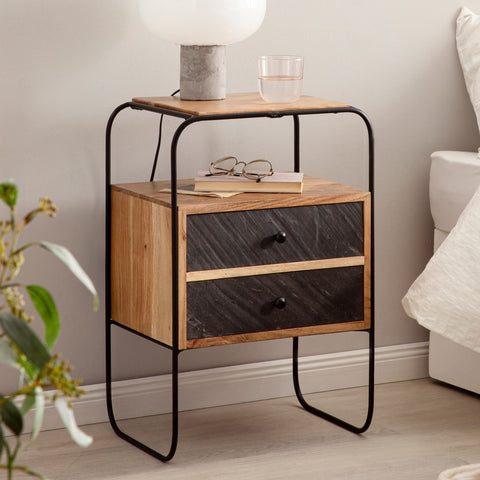 Rootz Industrial Style Bedside Table - Nightstand - End Table - 3D Stone Look - Natural Wood Grain - 40cm x 60cm x 30cm