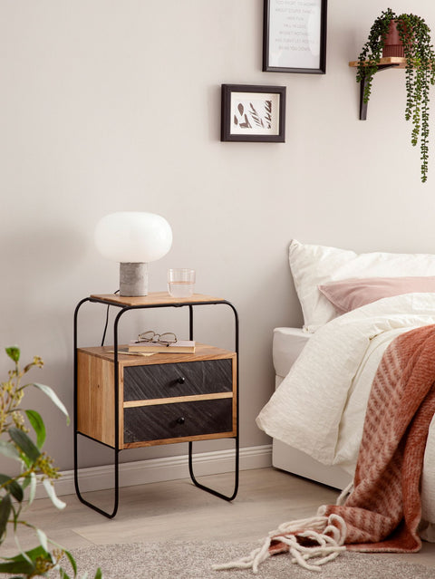 Rootz Industrial Style Bedside Table - Nightstand - End Table - 3D Stone Look - Natural Wood Grain - 40cm x 60cm x 30cm