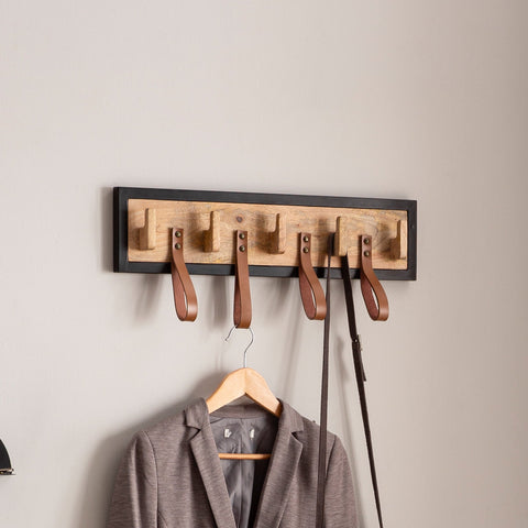 Rootz Modern Wall Coat Rack - Coat Hanger - Hat Rack - Handmade - Natural Wood - Black Metal Frame - 60cm x 15cm x 6cm