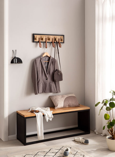 Rootz Modern Wall Coat Rack - Coat Hanger - Hat Rack - Handmade - Natural Wood - Black Metal Frame - 60cm x 15cm x 6cm