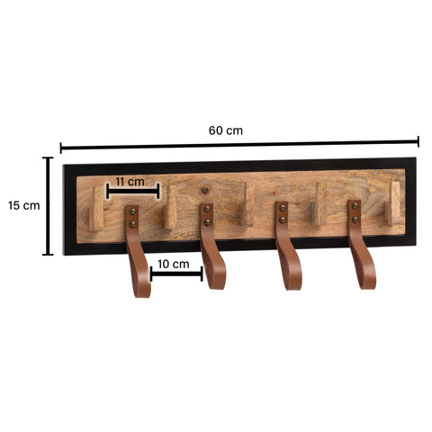 Rootz Modern Wall Coat Rack - Coat Hanger - Hat Rack - Handmade - Natural Wood - Black Metal Frame - 60cm x 15cm x 6cm