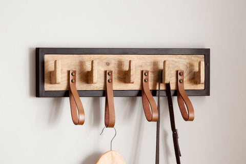 Rootz Modern Wall Coat Rack - Coat Hanger - Hat Rack - Handmade - Natural Wood - Black Metal Frame - 60cm x 15cm x 6cm